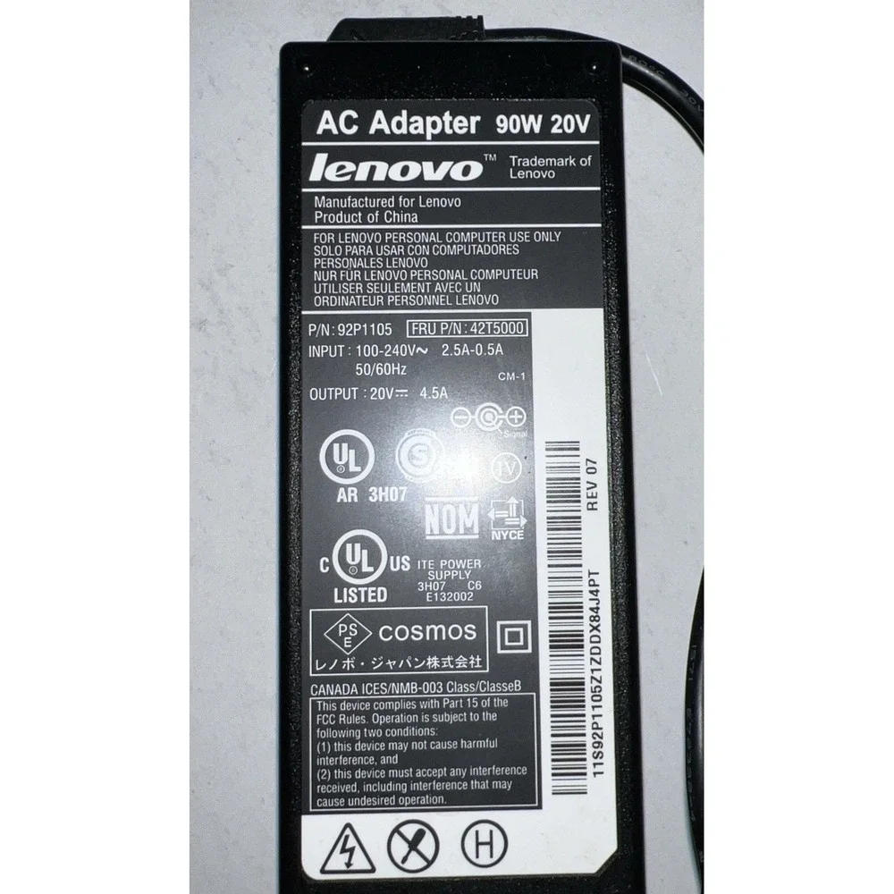 Lenovo 92P1105 AC Adapter 90W 20V Power Supply Charger – FRU 42T5000, Barrel Tip